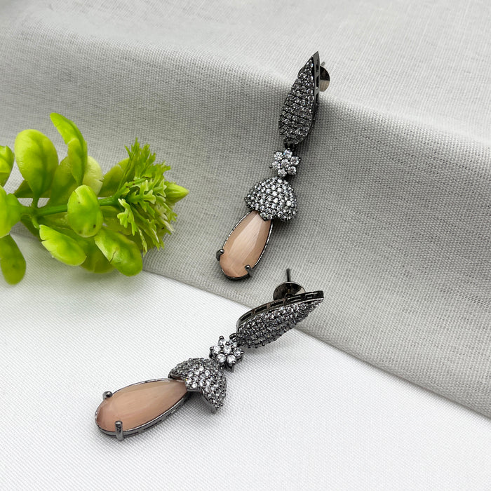 Beautiful Black Silver-Plated Earrings with Orange Moonstone & CZ Stones