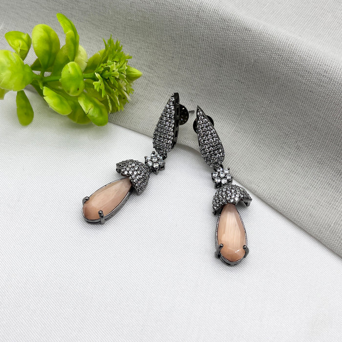 Beautiful Black Silver-Plated Earrings with Orange Moonstone & CZ Stones