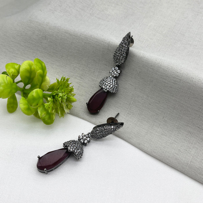 Stylish Black Silver-Plated Earrings with Red Garnet & CZ Stones