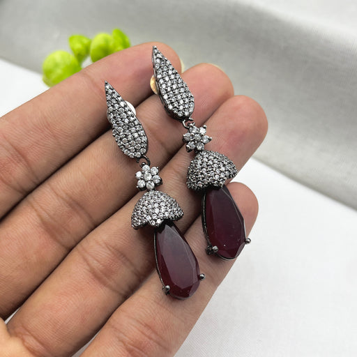 Stylish Black Silver-Plated Earrings with Red Garnet & CZ Stones