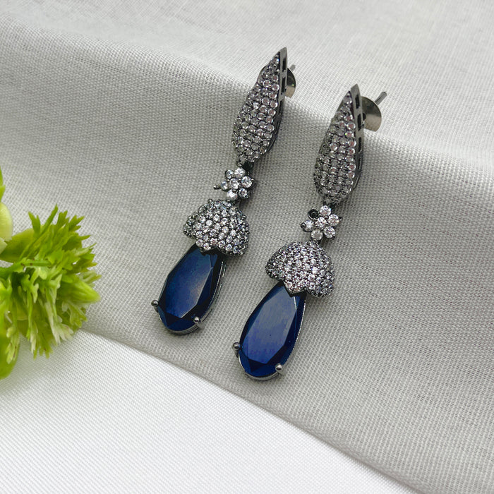 Beautiful Black Silver-Plated Earrings with Sapphire & CZ Stones