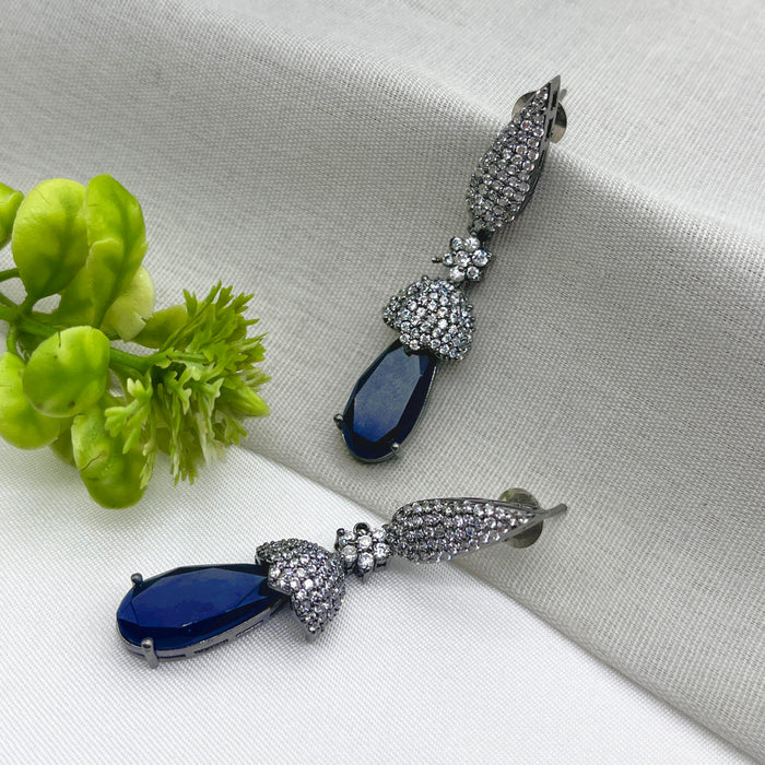 Beautiful Black Silver-Plated Earrings with Sapphire & CZ Stones