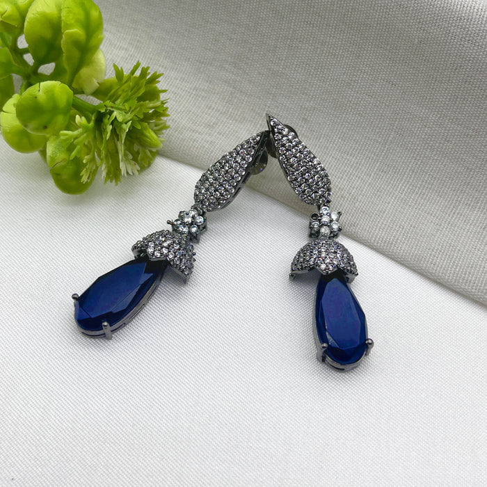 Beautiful Black Silver-Plated Earrings with Sapphire & CZ Stones