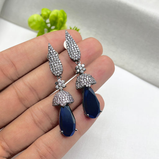 Beautiful Black Silver-Plated Earrings with Sapphire & CZ Stones