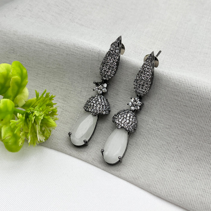 Black Silver-Plated Earrings with White Moonstone & CZ Stones