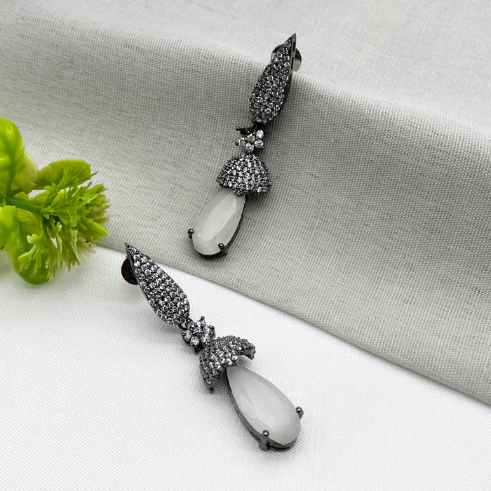 Black Silver-Plated Earrings with White Moonstone & CZ Stones