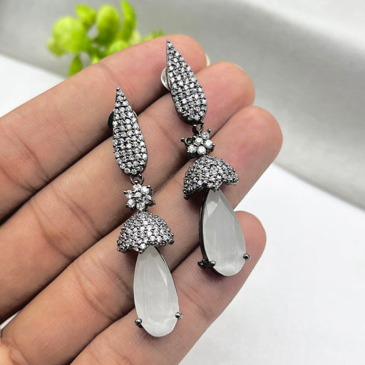 Black Silver-Plated Earrings with White Moonstone & CZ Stones