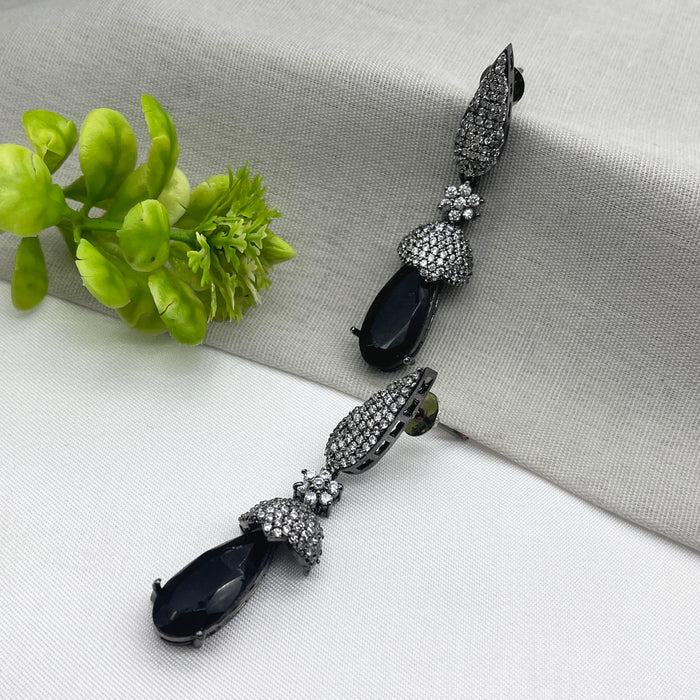 Beautiful Black Onyx & CZ Stones Stud Black Silver-Plated Earrings