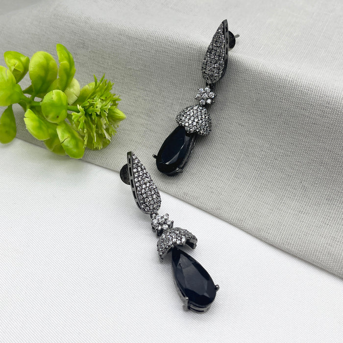 Beautiful Black Onyx & CZ Stones Stud Black Silver-Plated Earrings