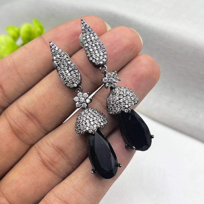 Beautiful Black Onyx & CZ Stones Stud Black Silver-Plated Earrings