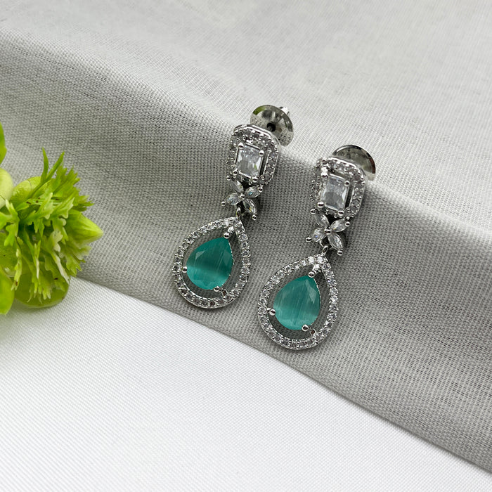 Elegant Aqua Chalcedony and CZ Silver-Plated Drop Dangle Earrings