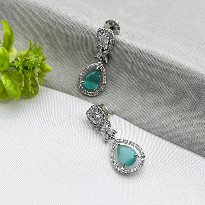 Elegant Aqua Chalcedony and CZ Silver-Plated Drop Dangle Earrings