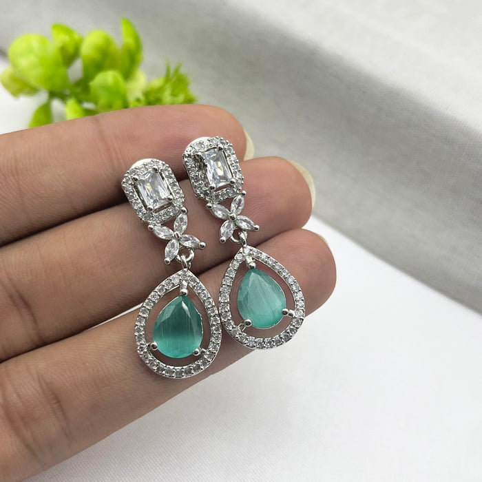 Elegant Aqua Chalcedony and CZ Silver-Plated Drop Dangle Earrings