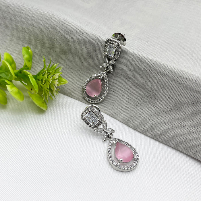 Beautiful Rose Quartz and CZ Silver-Plated Drop Earrings 