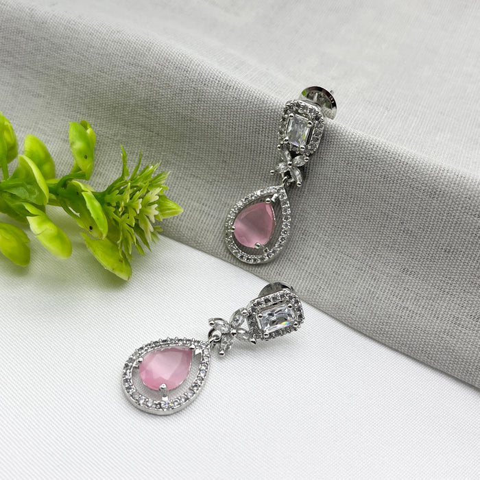 Beautiful Rose Quartz and CZ Silver-Plated Drop Earrings 