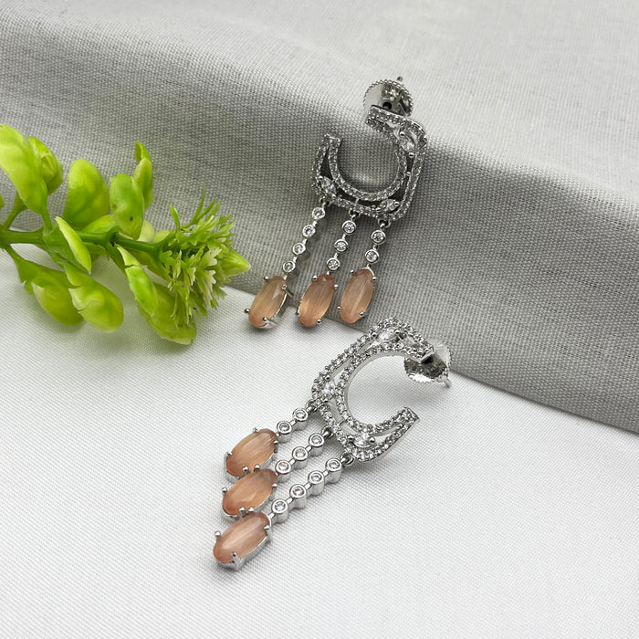 Silver-Plated Drop Earrings with Sunstone and CZ Stones – Elegant Brass Jewelry