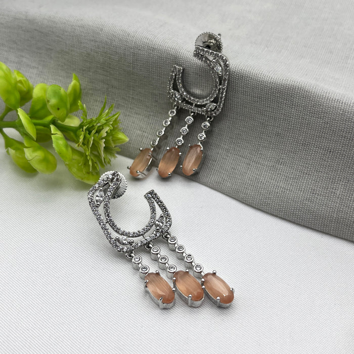 Silver-Plated Drop Earrings with Sunstone and CZ Stones – Elegant Brass Jewelry