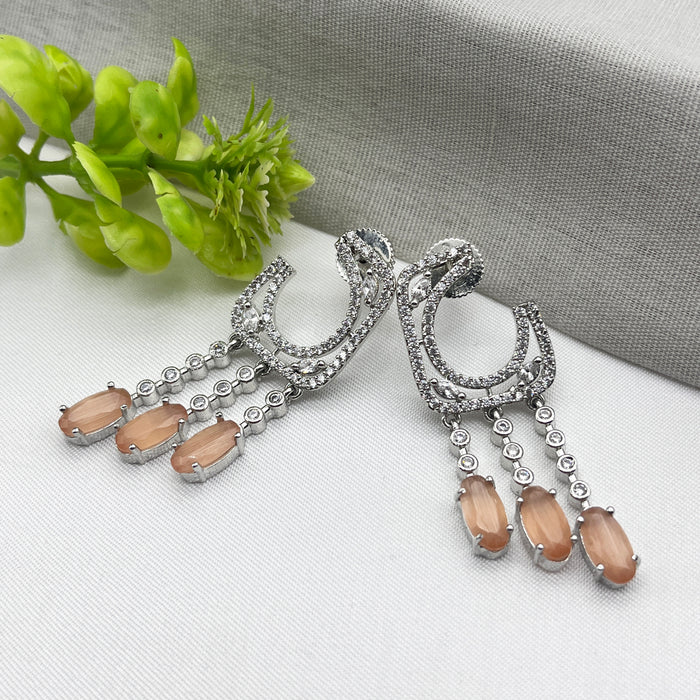 Silver-Plated Drop Earrings with Sunstone and CZ Stones – Elegant Brass Jewelry