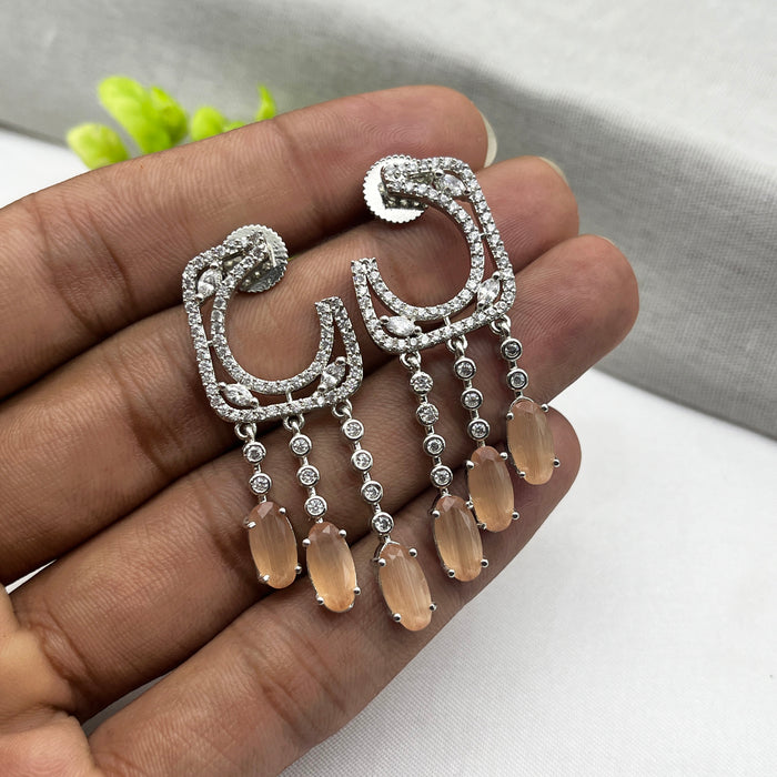 Silver-Plated Drop Earrings with Sunstone and CZ Stones – Elegant Brass Jewelry