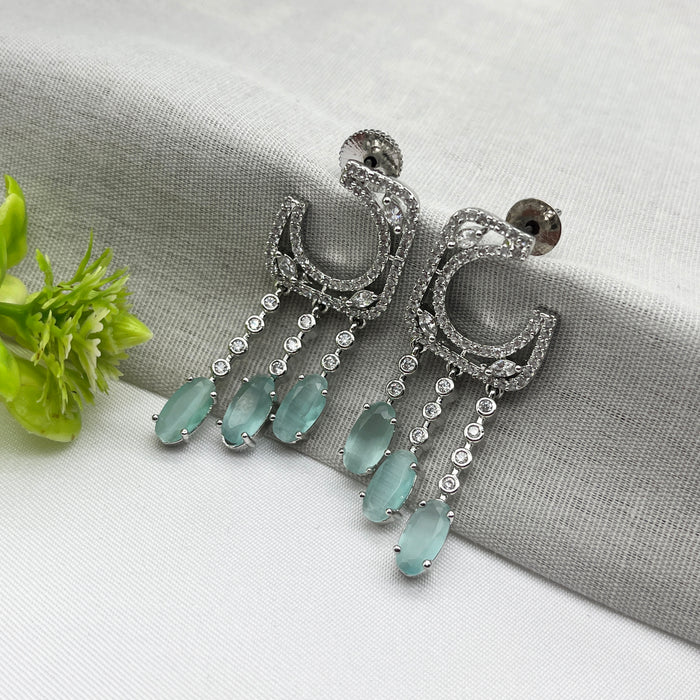 Silver-Plated Drop Earrings with Aquamarine and CZ Stones – Elegant Brass Jewelry