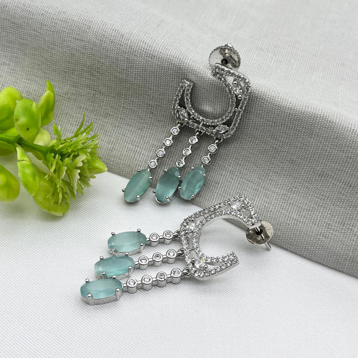 Silver-Plated Drop Earrings with Aquamarine and CZ Stones – Elegant Brass Jewelry