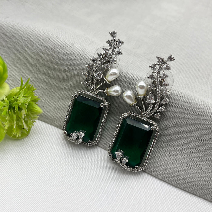 Silver-Plated Drop Earrings with Emerald and CZ Stones