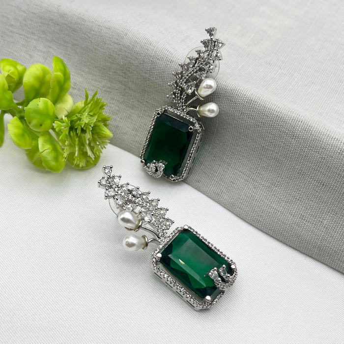 Silver-Plated Drop Earrings with Emerald and CZ Stones