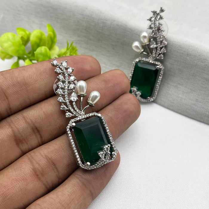 Silver-Plated Drop Earrings with Emerald and CZ Stones