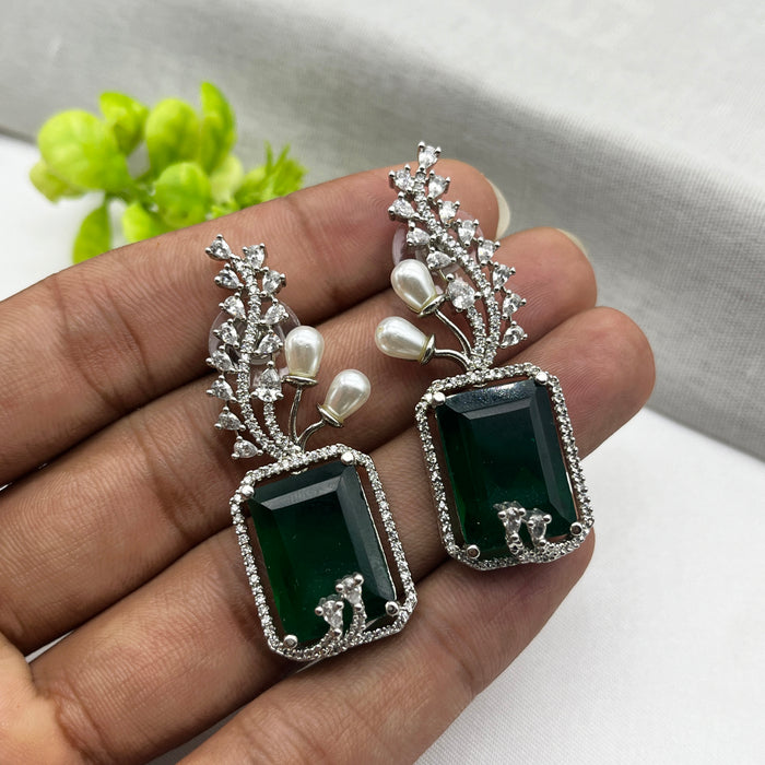 Silver-Plated Drop Earrings with Emerald and CZ Stones