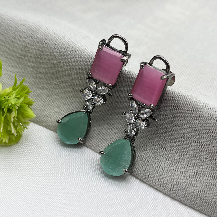 Silver-Plated Drop Earrings studded with Rose Quartz, Aqua Chalcedony, and CZ stones