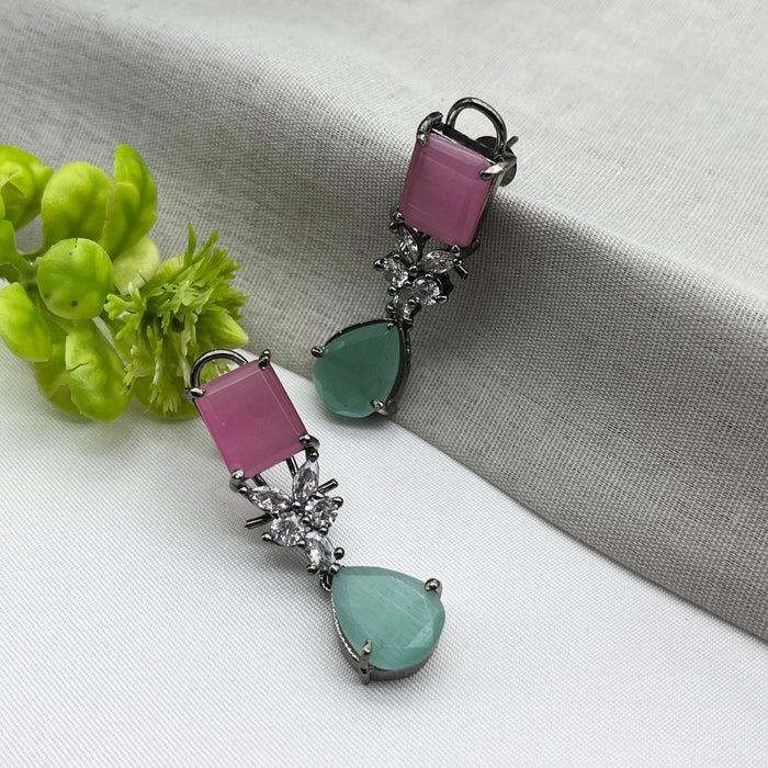 Silver-Plated Drop Earrings studded with Rose Quartz, Aqua Chalcedony, and CZ stones