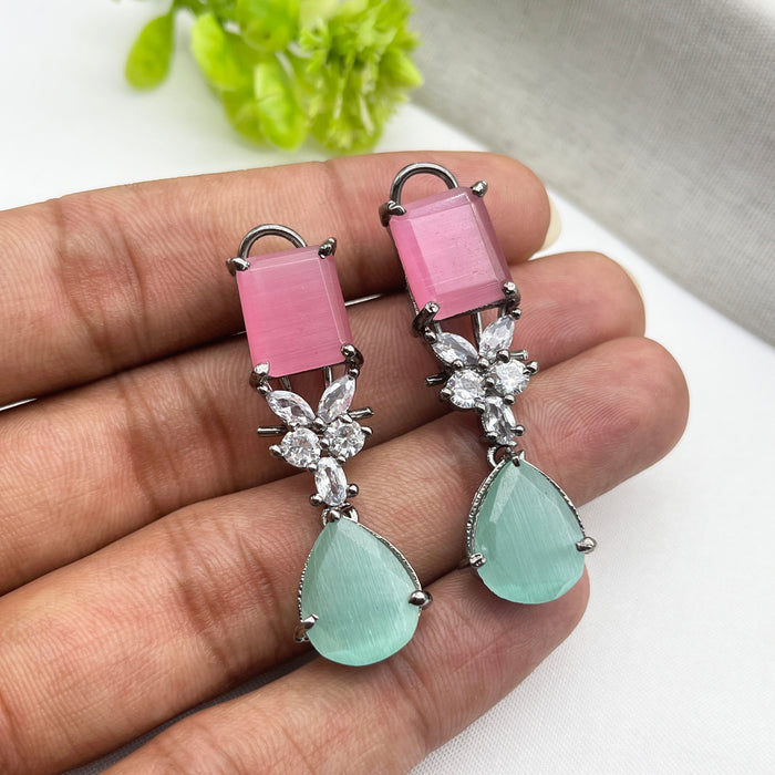 Silver-Plated Drop Earrings studded with Rose Quartz, Aqua Chalcedony, and CZ stones