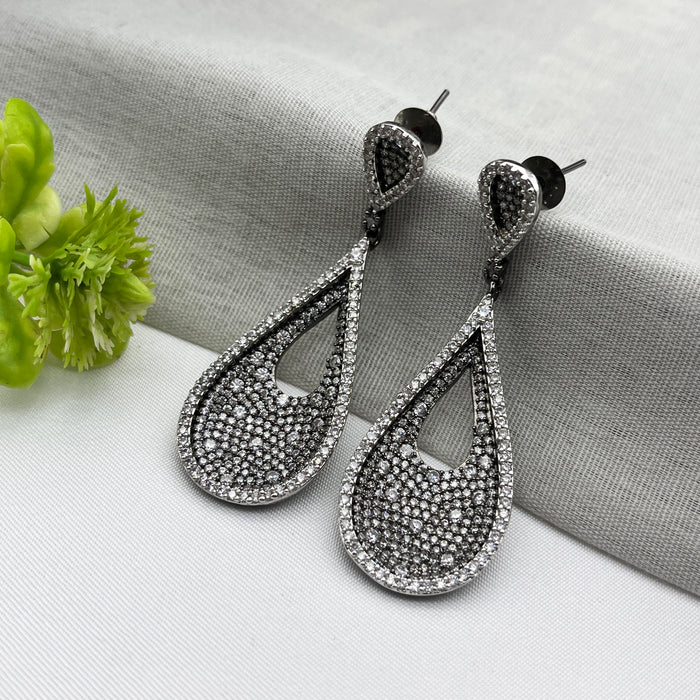 Designer Drop Shape Black Silver-Plated Zircon Drop Earrings