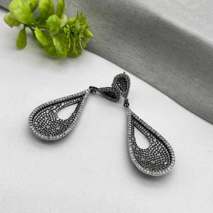 Designer Drop Shape Black Silver-Plated Zircon Drop Earrings