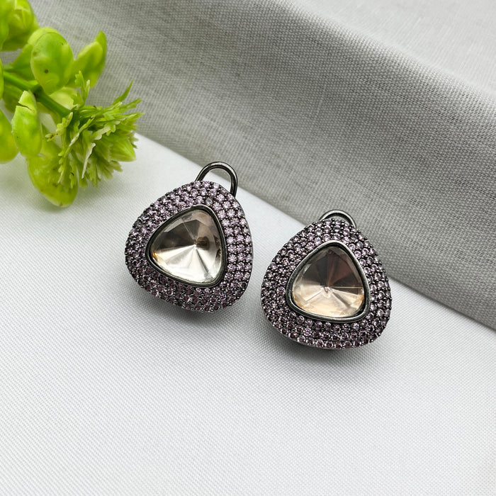 Stylish Black Silver Stud Earrings with Rose Quartz and CZ Stones