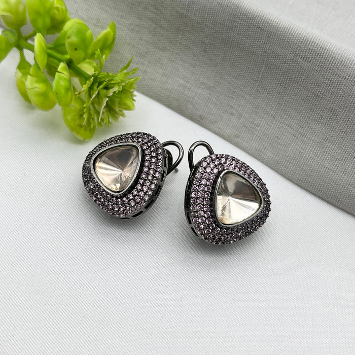 Stylish Black Silver Stud Earrings with Rose Quartz and CZ Stones