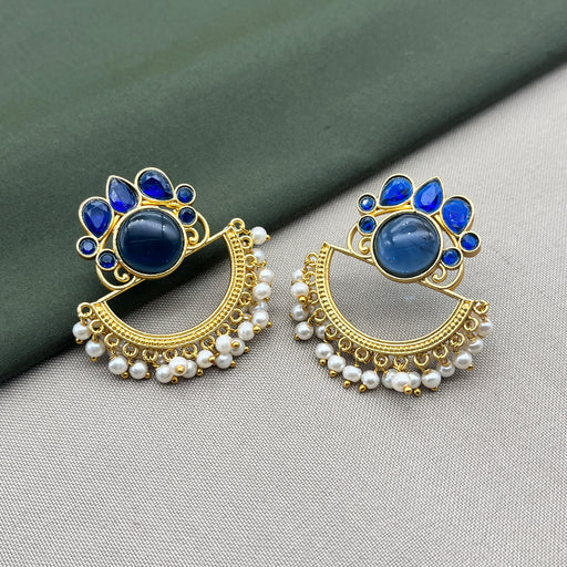 Beautiful Gold-Plated Traditional Earrings with Blue Stones and Pearls