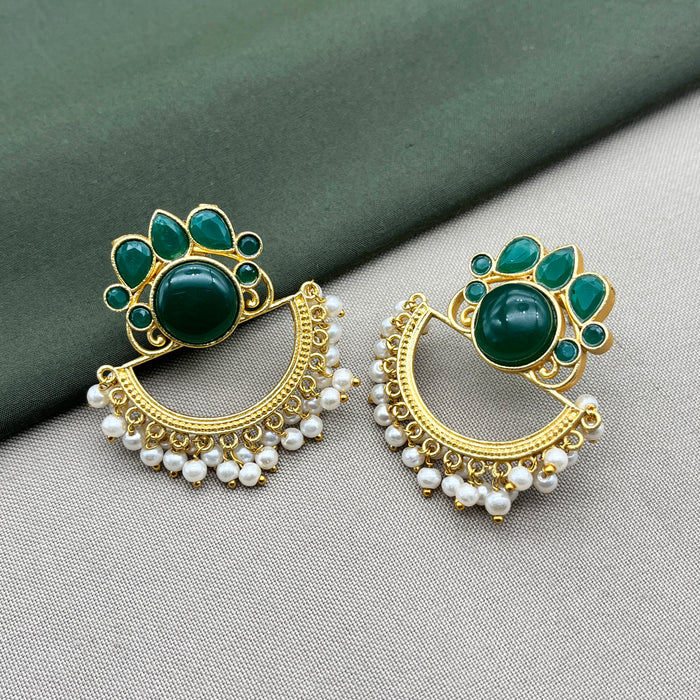 Gold-Plated Earring Set studded with Emerald and Pearl Stones