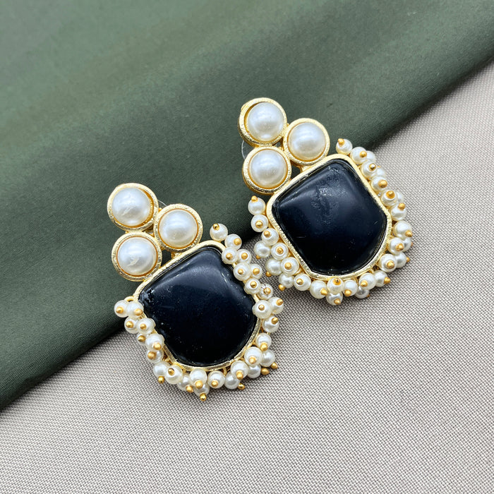 Gold-Plated Obsidian and Pearl Stud Earrings by Diwam Jewels