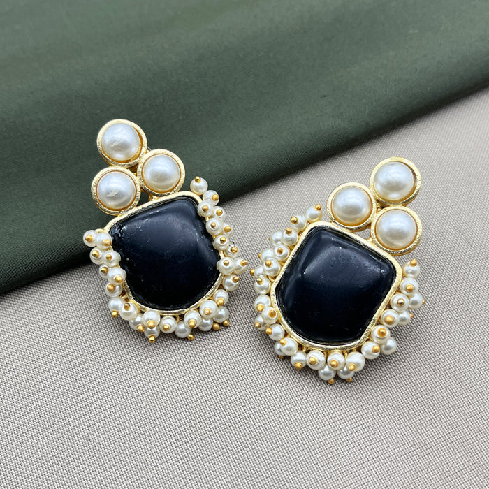 Gold-Plated Obsidian and Pearl Stud Earrings by Diwam Jewels