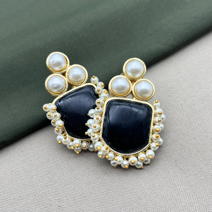 Gold-Plated Obsidian and Pearl Stud Earrings by Diwam Jewels