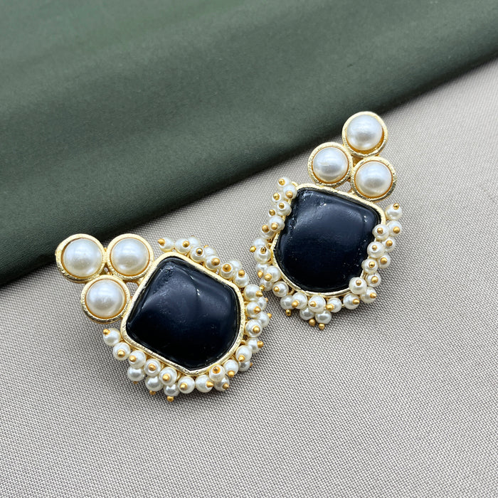 Gold-Plated Obsidian and Pearl Stud Earrings by Diwam Jewels