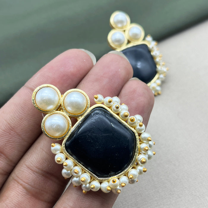 Gold-Plated Obsidian and Pearl Stud Earrings by Diwam Jewels