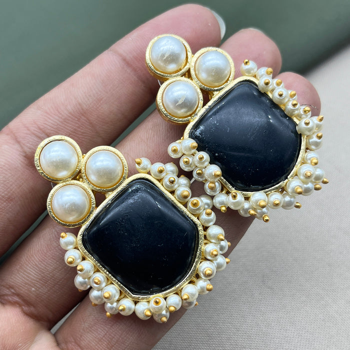 Gold-Plated Obsidian and Pearl Stud Earrings by Diwam Jewels