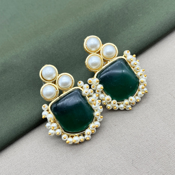 Gold-Plated Emerald and Pearl Stud Earrings by Diwam Jewels