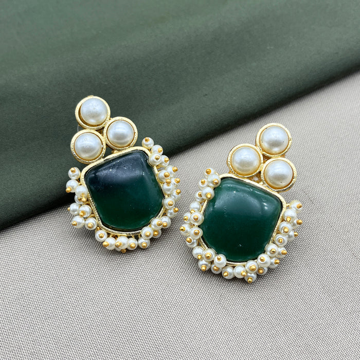 Gold-Plated Emerald and Pearl Stud Earrings by Diwam Jewels