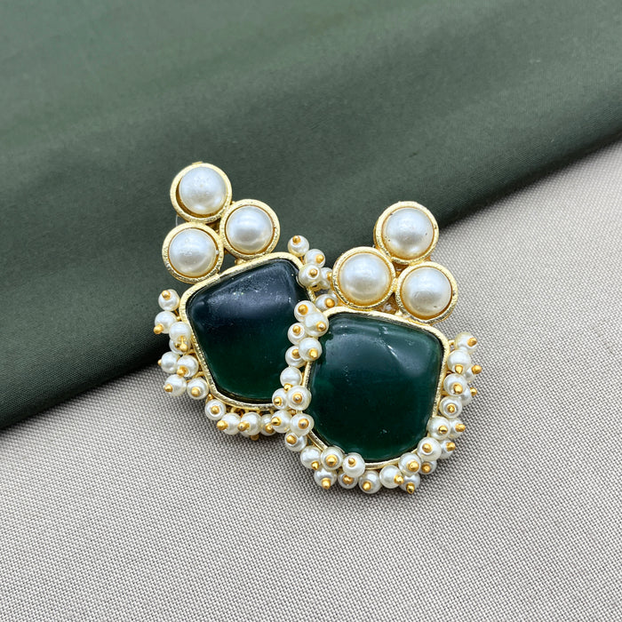 Gold-Plated Emerald and Pearl Stud Earrings by Diwam Jewels