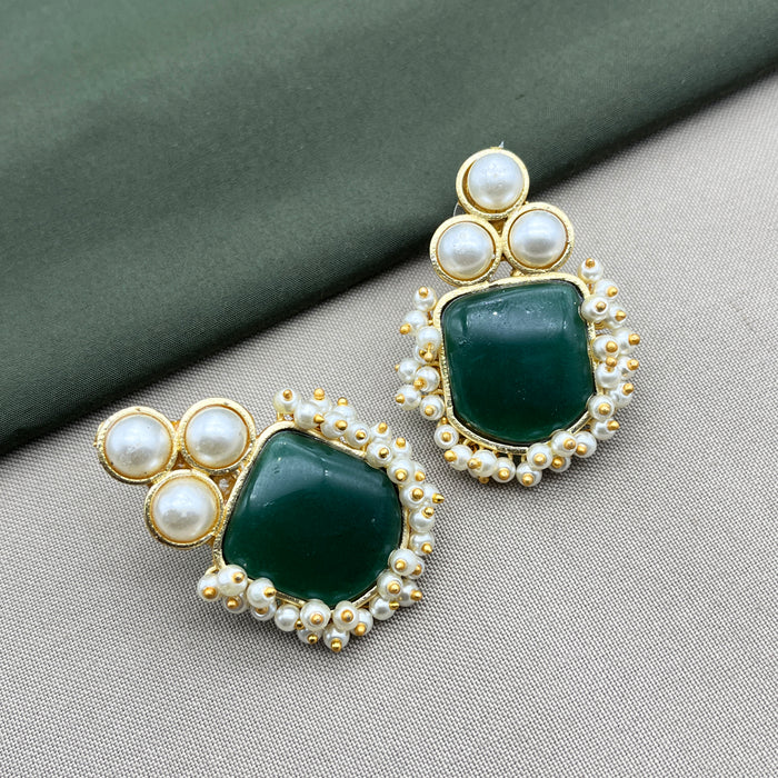 Gold-Plated Emerald and Pearl Stud Earrings by Diwam Jewels