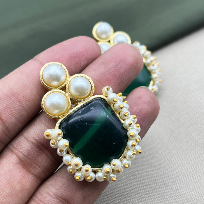 Gold-Plated Emerald and Pearl Stud Earrings by Diwam Jewels