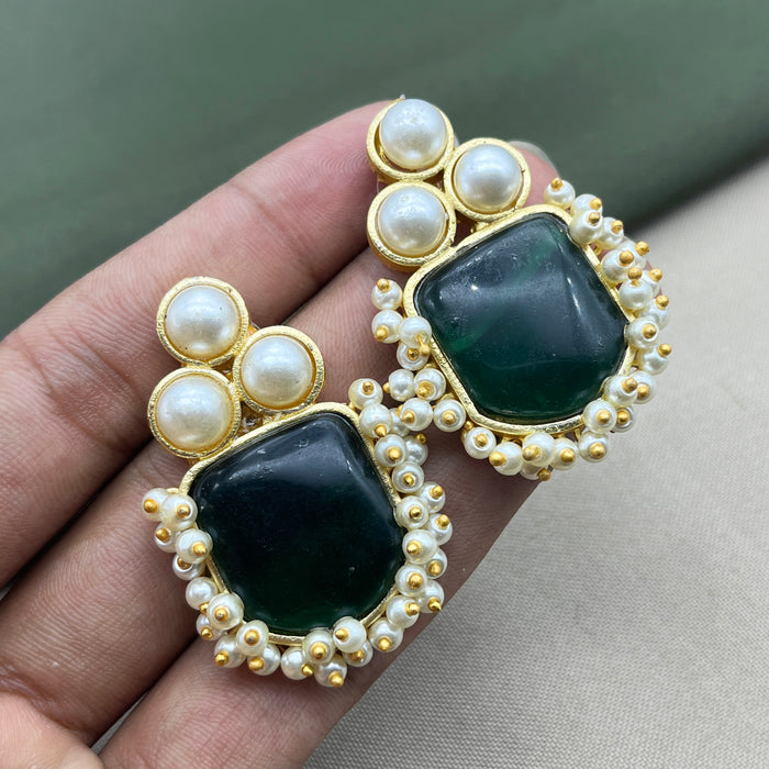 Gold-Plated Emerald and Pearl Stud Earrings by Diwam Jewels